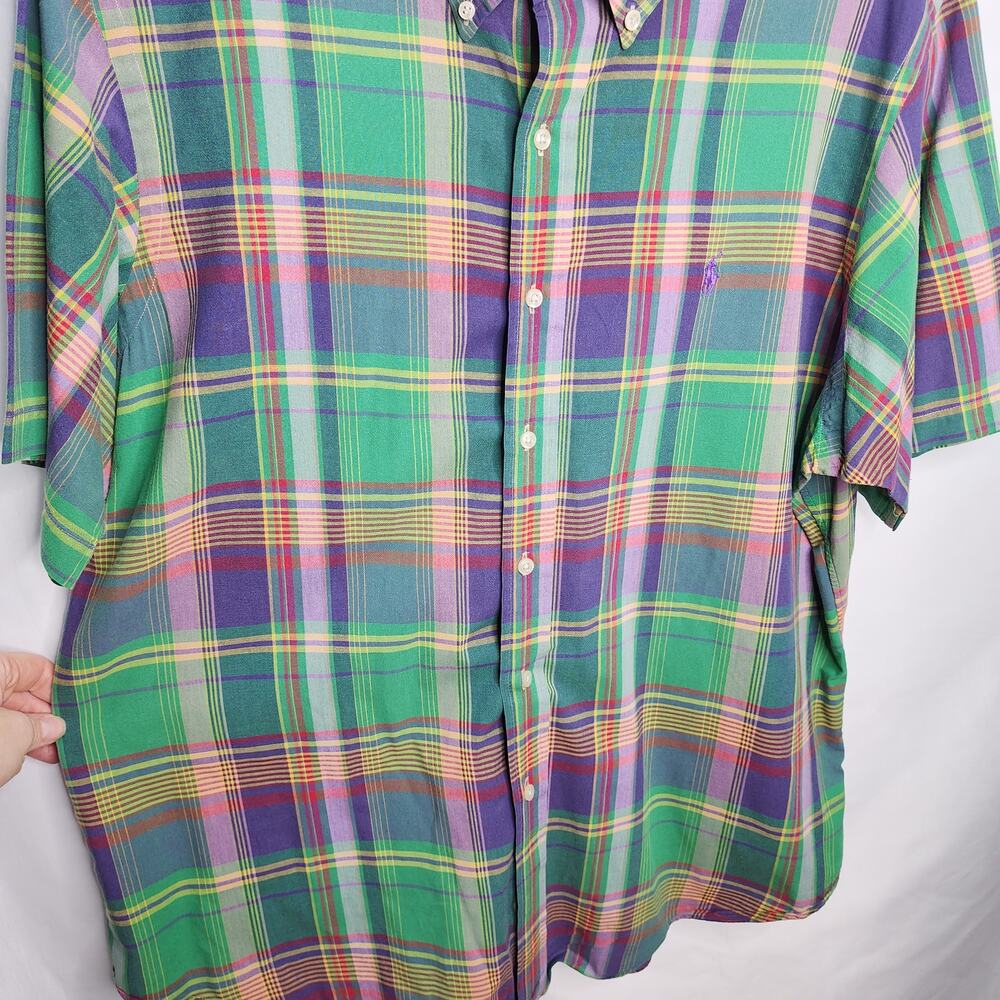 Ralph Lauren Plaid Button Front Down Short Sleeve Shirt Men XL Preppy Vintage 90 - Picture 10 of 12